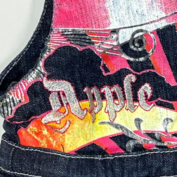 Apple Bottoms Girls Denim Jumper Dress Size 5 6 Blue Pink Graphic Pockets - Picture 8 of 10